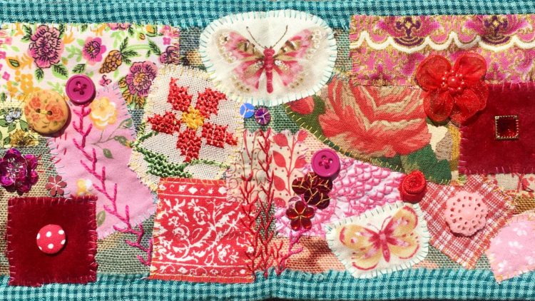 Heléne Forsberg, Wonderful Summer, Part 3, 2020. 12cm x 24cm (5" x 10"). Hand stitch, appliqué. Various fabrics, lace, beads, buttons, threads. Mandy Pattullo, Fabric Concertina Book.
