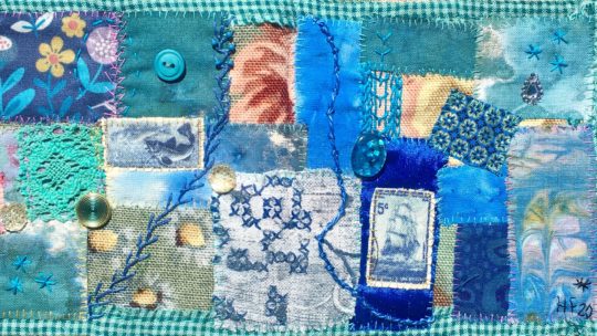 Heléne Forsberg, Wonderful Summer, Part 4, 2020. 12cm x 24cm (5" x 10"). Hand stitch, appliqué. Various fabrics, lace, beads, buttons, threads. Mandy Pattullo, Fabric Concertina Book.