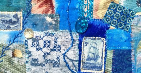 Heléne Forsberg, Wonderful Summer, Part 4, 2020. 12cm x 24cm (5" x 10"). Hand stitch, appliqué. Various fabrics, lace, beads, buttons, threads. Mandy Pattullo, Fabric Concertina Book.