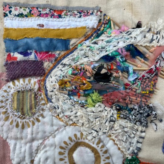 Linda Langley, My Mum’s Breast (detail), 2022. 28cm x 22cm (11” x 9”). Hand stitch. Cottons, sheers and lace.