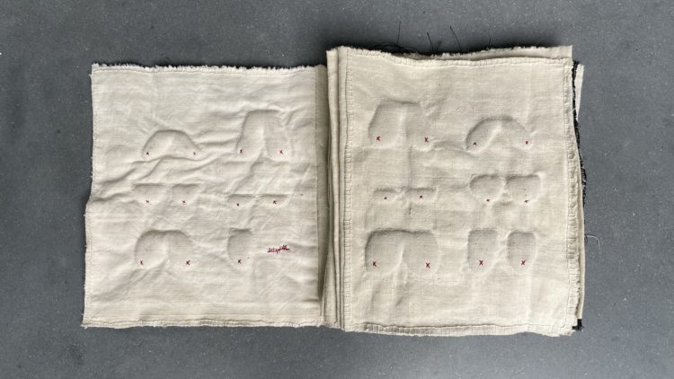Michelle Ligthart, Book of Breasts (detail), 2022. 28cm x 258cm (11” x 102”). Trapunto, hand stitch, free-motion machine stitch. Cotton, quilting and rust print.