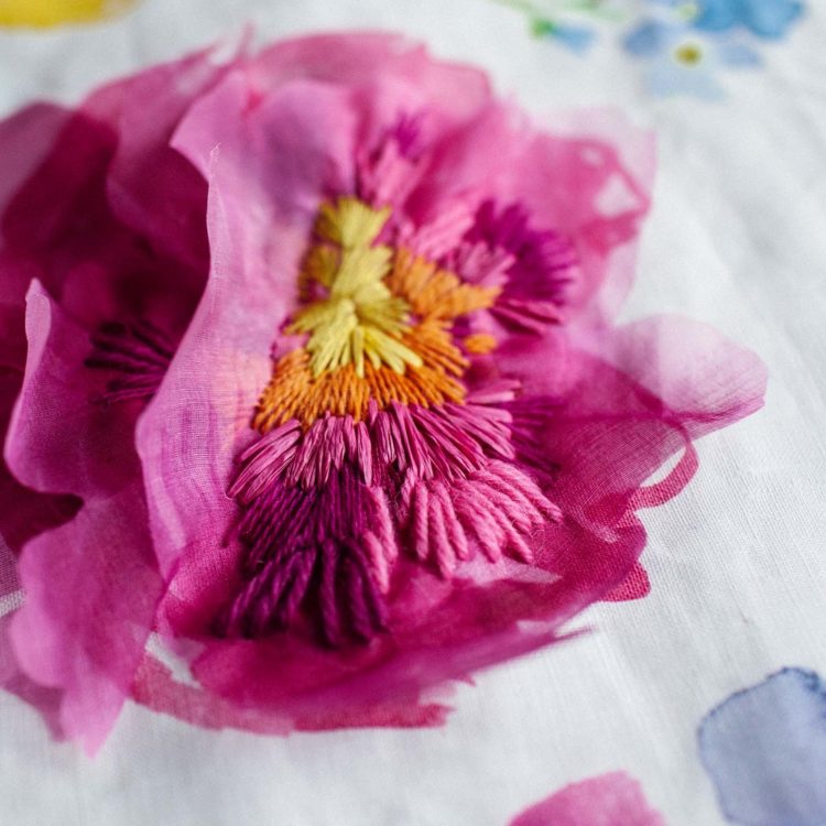 Chloe Patience and Bluebellgray, Big Flower (detail), 2017. 15cm x 15cm (6" x 6"). Satin stitch, cut and manipulated fabric. Raffia, thick knitting wools, cotton embroidery thread. Photo: Laura Meek