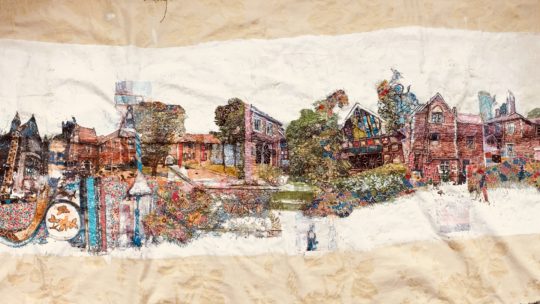 Haf Weighton, Rookwood – 100 years of healing, 2018. 120cm x 150cm (47” x 59”). Print, paint and stitching. Repurposed upholstery fabric, recycled cotton sheets, acrylic paint, thread.