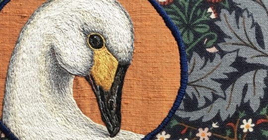 Yvette Phillips, Bewick’s Swan & Cygnet, 2021. 20cm x 30cm (8" x 12"). Hand embroidery. Silk and vintage Liberty fabric.