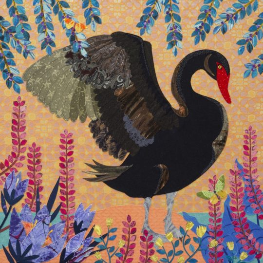 Yvette Phillips, The Black Swan, 2018. 90cm x 90cm (35½" x 35½"). Hand embroidery, machine embroidery, collage. Vintage fabric.