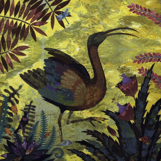 Yvette Phillips, Glossy Ibis, 2019. 90cm x 90cm (35½" x 35½"). Hand embroidery, machine embroidery, collage. Vintage fabric.
