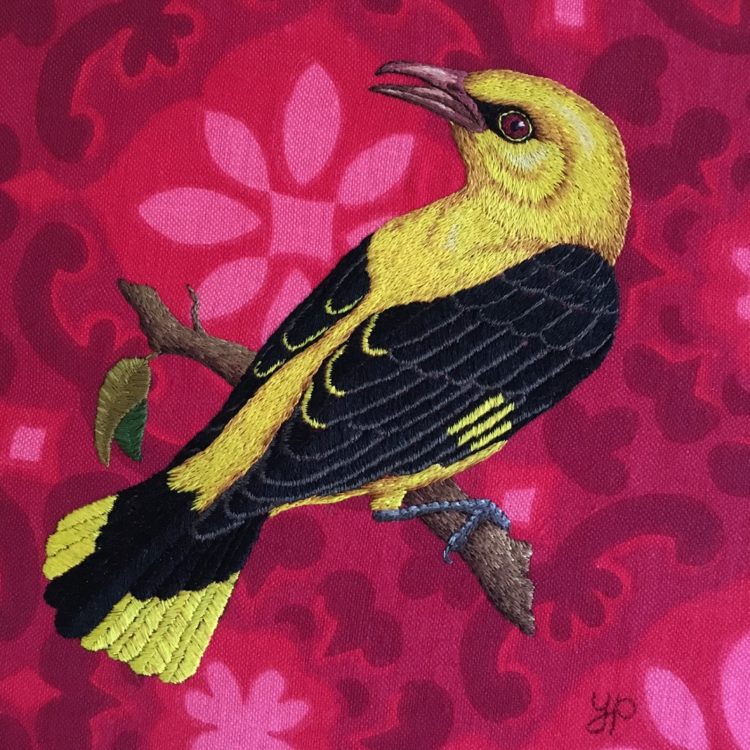 Yvette Phillips, Golden Oriole (detail), 2021. 20cm x 20cm (8" x 8"). Hand embroidery. Vintage fabric.