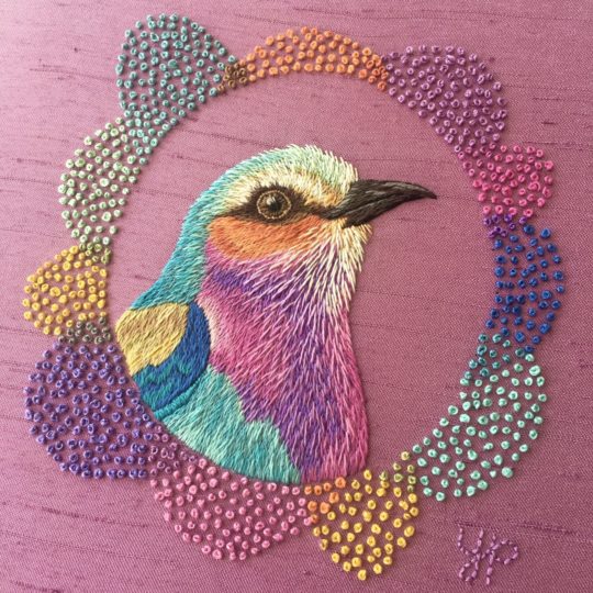 Yvette Phillips, Lilac-Breasted Roller, 2022. 15cm x 15cm (6" x 6"). Hand embroidery. Vintage fabric.