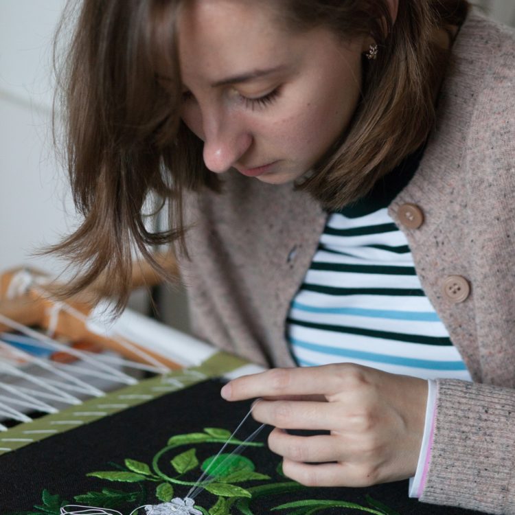 Hannah Mansfield busy at work embroidering The Heavenly Twins (2018). Photo: Rowan Twine.