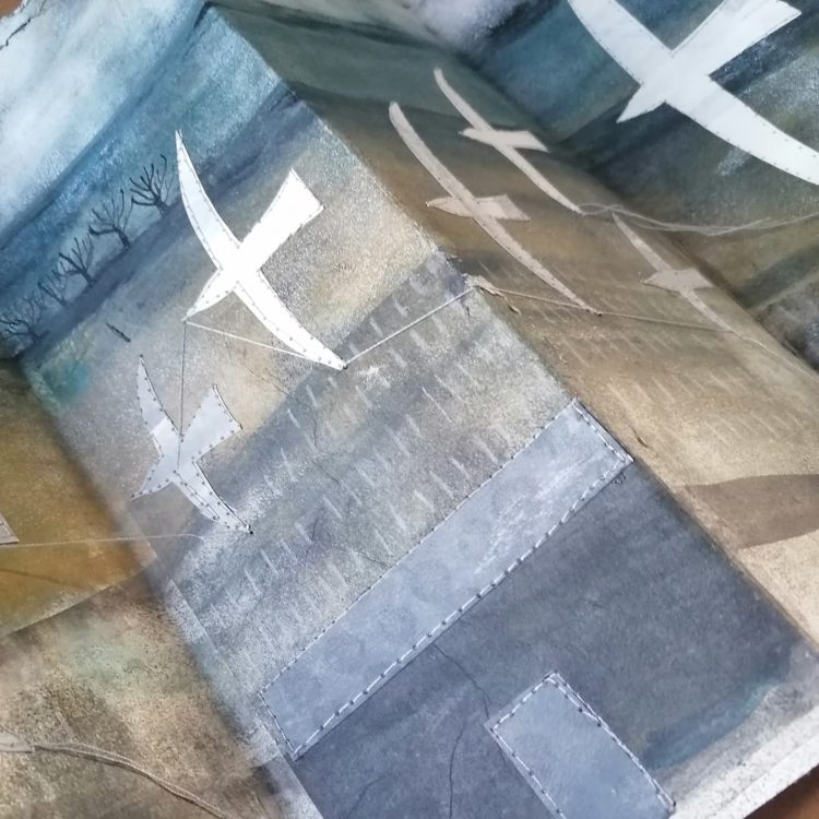 Helen Hallows, Flight (development study) 2018. 40cm x 30cm (16" x 12"). Paint, collage, machine stitch. Paper, acrylic inks.
