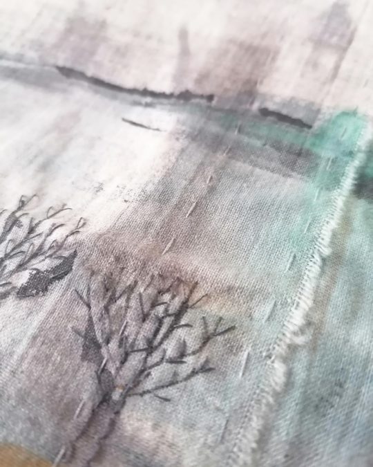 Helen Hallows, Flight (stitch detail) 2018. 50cm x 40cm (20" x 16"). Painted cloth, patchwork, appliqué, stitch. Acrylic paint, Cotton.