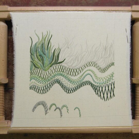 Tracy A Franklin, Green Herringbone Stitch Sampler, 2012. Approximately 20cm x 20cm (8” x 8”). Herringbone stitch. A variety of threads and fibres worked on double calico.
