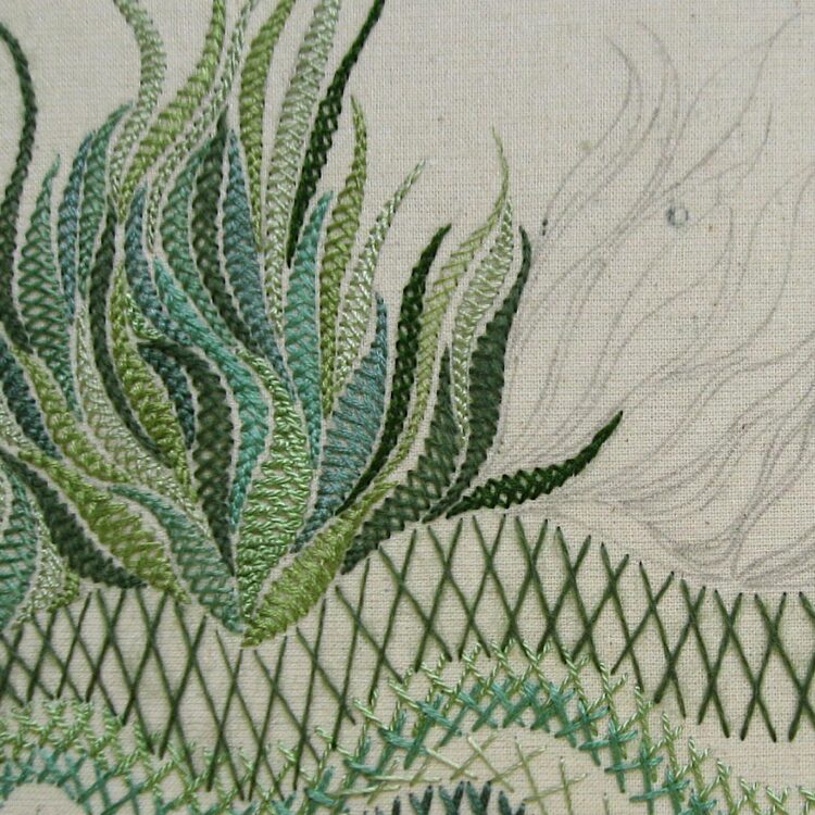 Tracy A Franklin, Green Herringbone Stitch Sampler (detail), 2012. Approximately 20cm x 20cm (8” x 8”). Herringbone stitch. A variety of threads and fibres worked on double calico.