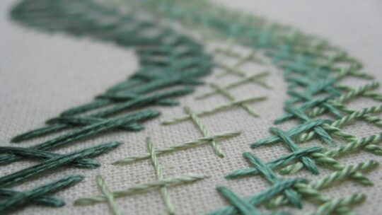 Tracy A Franklin, Green Herringbone Stitch Sampler (detail), 2012. Approximately 20cm x 20cm (8” x 8”). Herringbone stitch. A variety of threads and fibres worked on double calico.