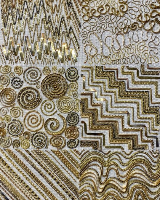 Tracy A Franklin, Linear Goldwork Sampler, 2014. Approximately 15cm x 23cm (6’ x 9”). Goldwork couching. A variety of gold and metal threads worked on linen.