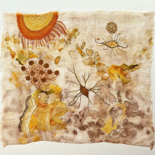 Mirjam Gielen, Sketchcloth 1, 2019. 42cm x 47cm (16½" x 18½"). Eco printing, embroidery, appliqué. Eco printed linen, cotton appliqué, embroidery threads.