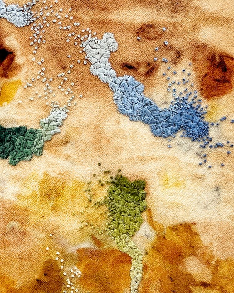 Mirjam Gielen, Nebulae 1 (detail), 2018. 40cm x 30cm (15 ½ " x 12"). Eco printing, embroidery, Eco printed wool, embroidery threads.