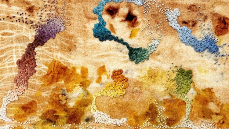 Mirjam Gielen, Nebulae 1 (detail), 2018. 40cm x 30cm (15½"  x 12"). Eco printing, embroidery. Eco printed wool, embroidery threads.