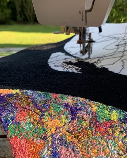 JPR Stitch, 09/08/22 (work in progress), 2022. 33cm x 42cm (13” x 17”). Free-hand machine embroidery. Thread on buckram.