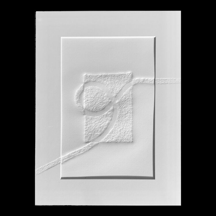 JPR Stitch, 24/02/23, 2023. 30cm x 40cm (12” x 16”). Blind embossed embroidery print. Fabriano Rosaspina paper.