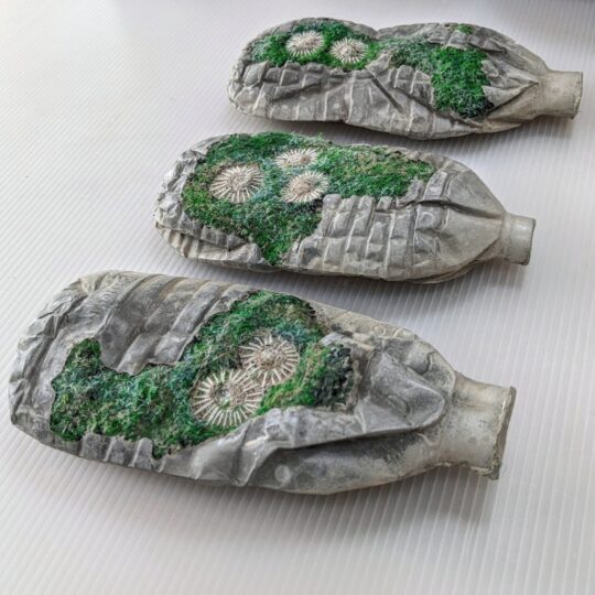 Nerissa Cargill Thompson, Message in a Bottle: 3 Green Bottles, 2021. 20cm x 3.5cm x 9.5cm (8" x 1¼" x 3¾") each bottle. Embellished and embroidered recycled fabrics cast with concrete in found plastic bottle.