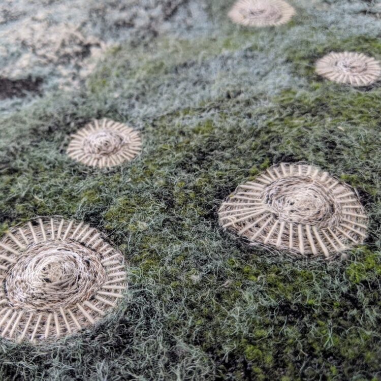 Nerissa Cargill Thompson, Coastal Dreams: Dark Green Sprawl (detail), 2019. 34cm x 3cm x 34cm (13¼" x 1" x 13¼"). Embellished and embroidered recycled fabric.