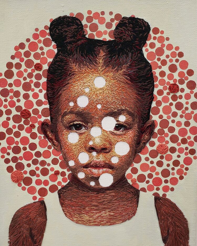 Nneka Jones, Colorblind Shooting Range, 2020. 20cm x 25cm (8" x 10"). Hand embroidery. Embroidery thread and acrylic paint.