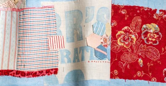 Artwork featured in Textiles Transformed (2020). Mandy Pattullo, Rolling Pin Book, 2016. 265cm x 28cm (104" x 11"). Appliqué and hand stitch. Unpicked and reclaimed vintage quilt fragments, dyed French linen, wrapped around a family rolling pin.