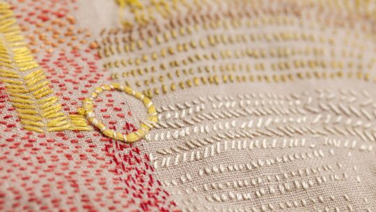 Claire Wellesley-Smith, Stitch Journal (detail), 2013-2023. 890cm x 60cm (350" x 23”). Hand stitch. Reclaimed linen, naturally dyed silk, thread. Photo: Michael Wicks.
