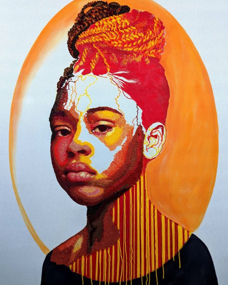 Nneka Jones, Modern Renaissance, 2022. 76cm x 102cm (30" x 40"). Hand embroidery and punch needle. Embroidery thread, yarn, acrylic paint.