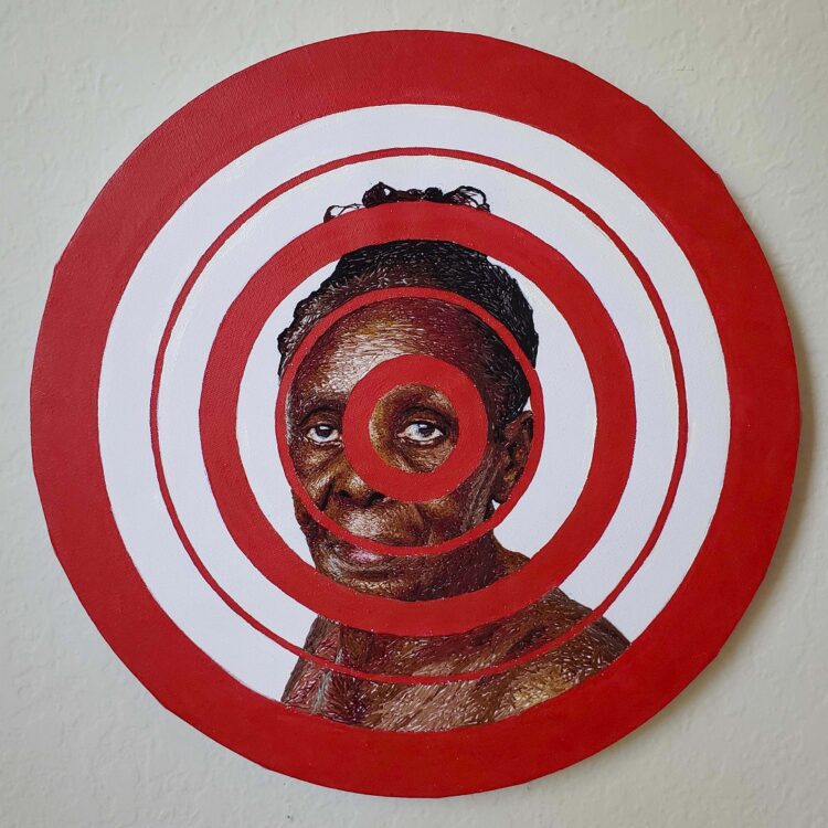 Nneka Jones, Red Light, 2020. 30cm (12") diameter. Hand embroidery. Embroidery thread and acrylic paint.