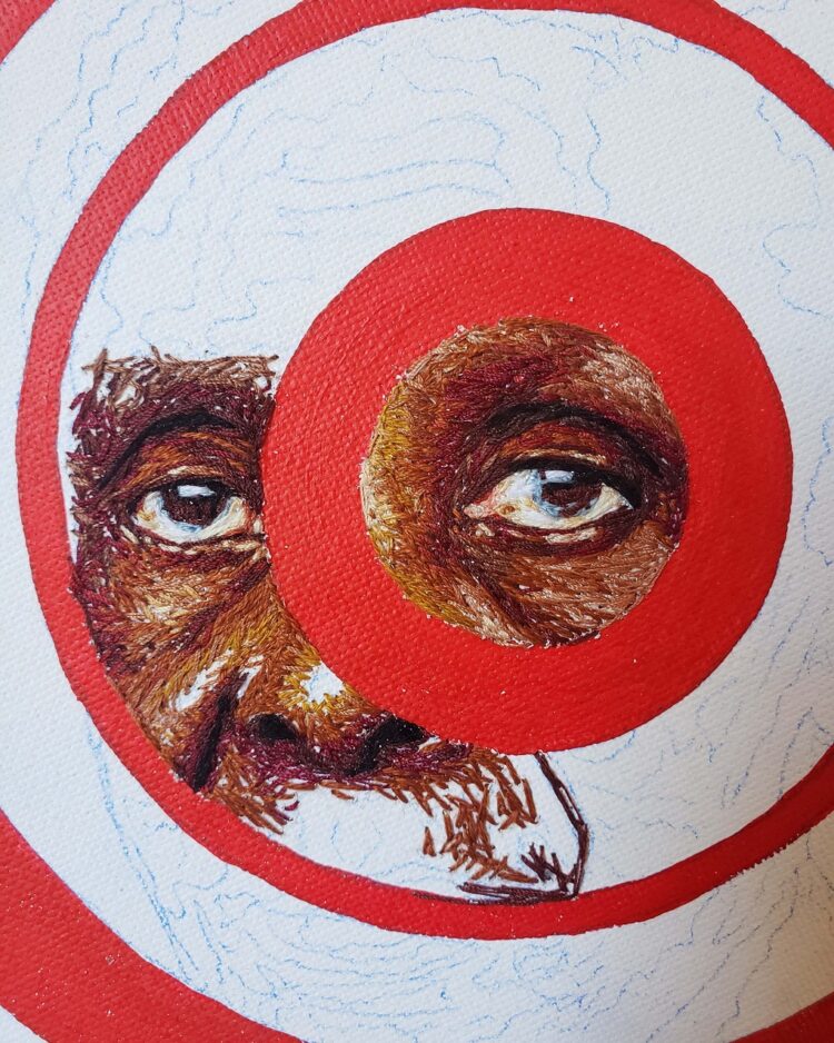 Nneka Jones, Red Light (detail), 2020. 30cm (12") diameter. Hand embroidery. Embroidery thread and acrylic paint.
