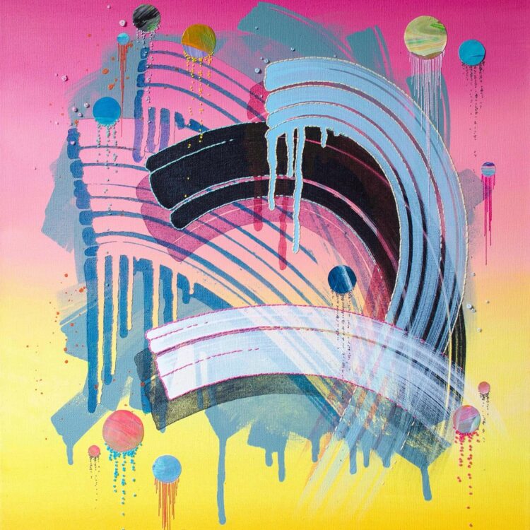 Sam Owen Hull, Ti Pb/21, 2021. 51cm x 56cm (20" x 22"). Painting, embroidery, collage. Acrylic, paintskin, embroidery and reflective thread on canvas.