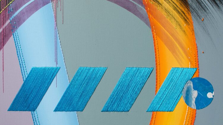 Sam Owen Hull, Tw S/21 (detail), 2021. 81cm x 67cm (32" x 26½"). Painting, embroidery, collage. Acrylic, paintskin and embroidery on calico.