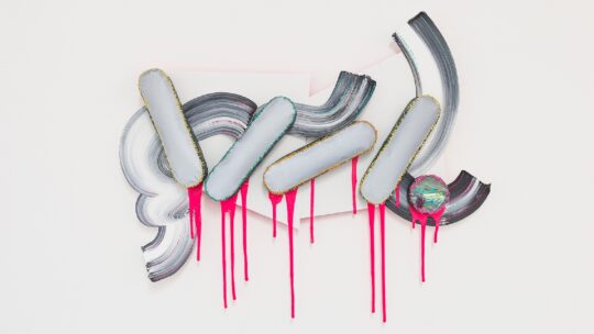 Sam Owen Hull, FloW/21, 2021. 86cm x 80cm (34" x 31½"). Painting, embroidery, collage, assemblage. Acrylic, paintskin, paper, polyfil, reflective fabric, felt and embroidery on correx. Photo: Matt J Wilkinson.