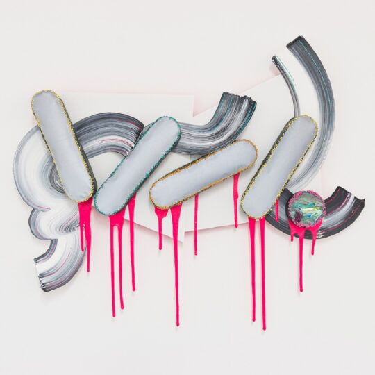 Sam Owen Hull, FloW/21, 2021. 86cm x 80cm (34" x 31½"). Painting, embroidery, collage, assemblage. Acrylic, paintskin, paper, polyfil, reflective fabric, felt and embroidery on correx. Photo: Matt J Wilkinson.