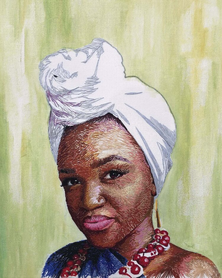 Nneka Jones, Self Portrait, 2019. 41cm x 51cm (16" x 20").Hand embroidery. Embroidery thread and acrylic paint.