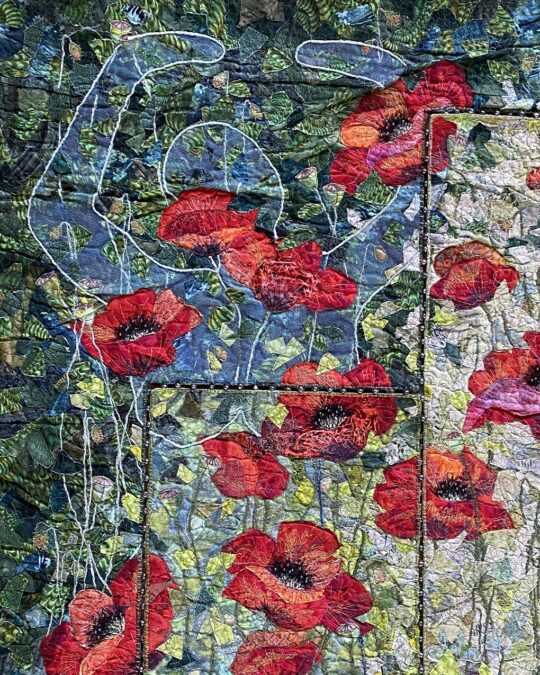 Alice Frost, Vulnerable But Strong (detail), 2013. 120cm x 180cm (47" x 71"). Layer fabrics, free machine embroidery, quilting. Cotton, thread, pearls.