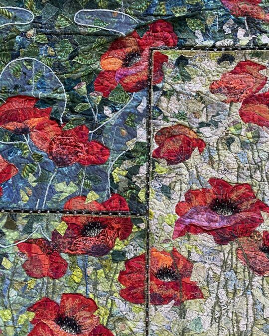 Alice Frost, Vulnerable But Strong (detail), 2013. 120cm x 180cm (47" x 71"). Layer fabrics, free machine embroidery, quilting. Cotton, thread, pearls.