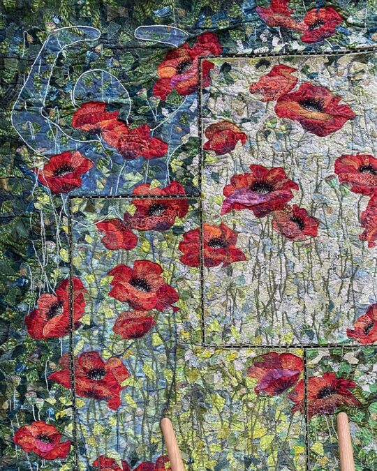 Alice Frost, Vulnerable But Strong (detail), 2013. 120cm x 180cm (47" x 71"). Layer fabrics, free machine embroidery, quilting. Cotton, thread, pearls.