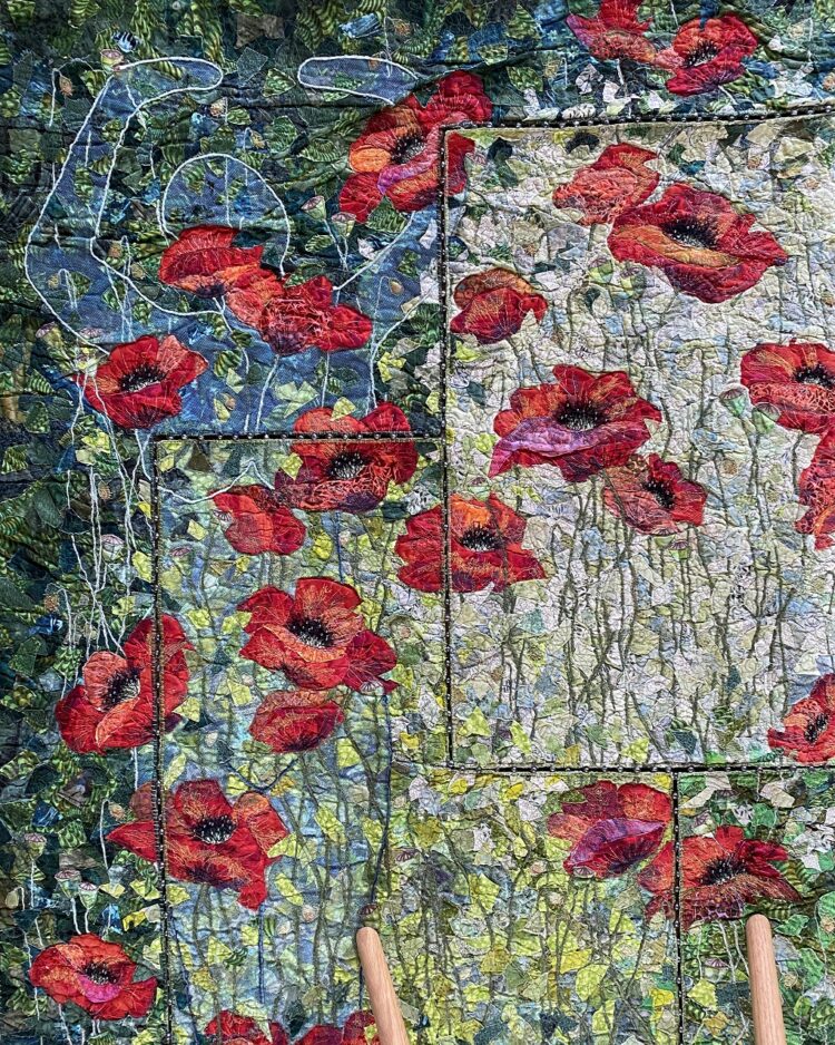 Alice Frost, Vulnerable But Strong (detail), 2013. 120cm x 180cm (47" x 71"). Layer fabrics, free machine embroidery, quilting. Cotton, thread, pearls.