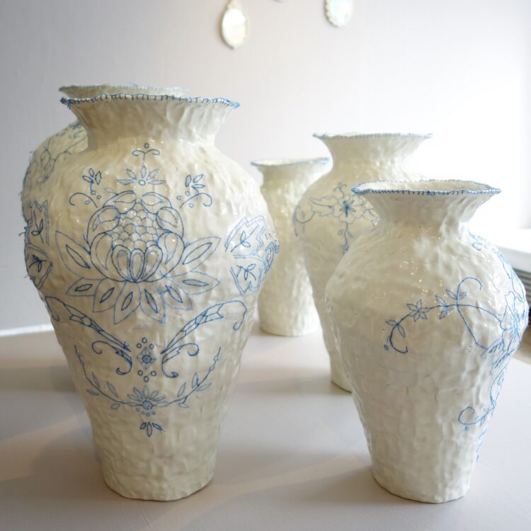 Caroline Harrius, selection of embroidered vases shown at Silent Nooks solo show, 2022. 25-45cm tall (10-17½"). Coiled stoneware embroidered with cotton thread. Stoneware, cotton thread.
