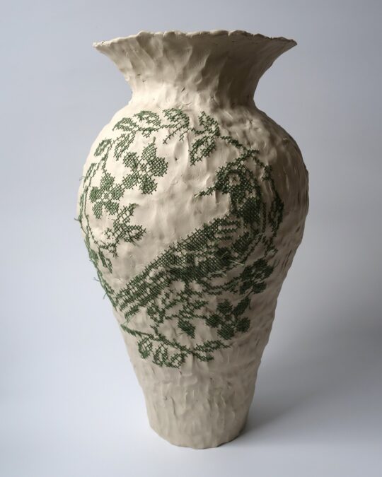 Caroline Harrius, Vase with Bird, 2022. 45cm tall (17½“). Coiled stoneware, embroidered with cotton thread. Stoneware, cotton thread.