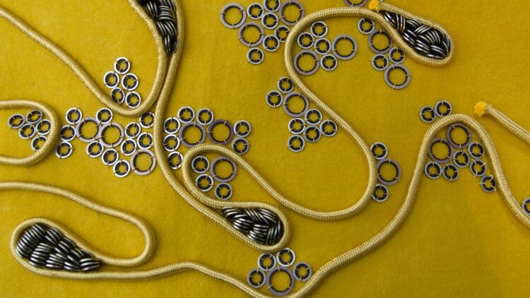 Elnaz Yazdani, Embroidered World, 2022. 40cm x 30cm (16" x 12"). Goldwork, beading, couching. Metal, wire, cord, wool, purl bullion wires.