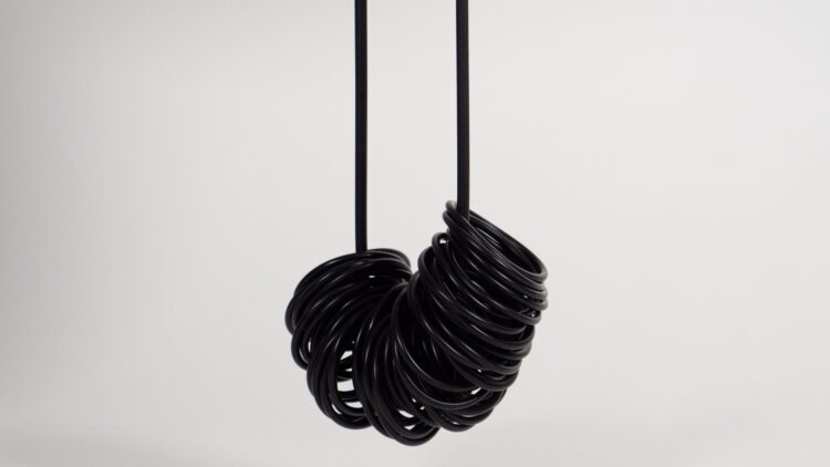 Elnaz Yazdani, Zardozi-Style Necklace, 2019. 50cm x 30cm (20" x 12"). Beading, cutwork. Purl and bullion wire, rubber, tubing, thread.