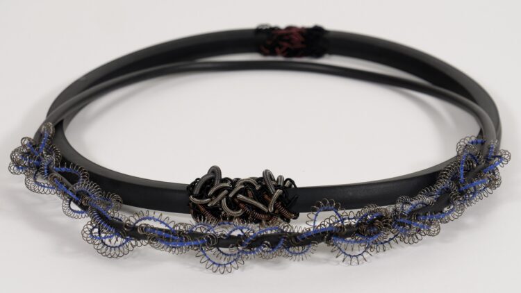 Elnaz Yazdani, Zardozi-Style Necklace, 2019. 30 x 25cm (12" x 10"). Goldwork techniques. Bullion wire, springs, metal, rubber, linen thread.