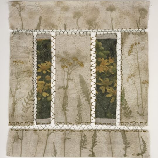 Katherine Diuguid, Joined, 2021. Approximate size 46cm x 38cm (18” x 15”). Hand embroidery, eco-print, digital print. Digitally printed linen, eco-printed silk, cotton, silk and metal embroidery threads.