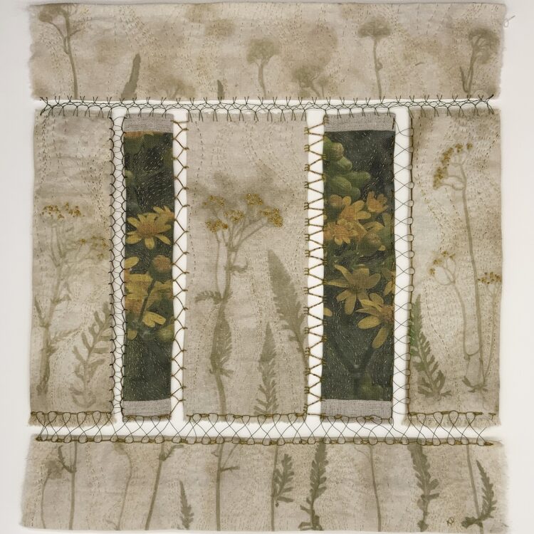 Katherine Diuguid, Joined, 2021. Approximate size 46cm x 38cm (18” x 15”). Hand embroidery, eco-print, digital print. Digitally printed linen, eco-printed silk, cotton, silk and metal embroidery threads.