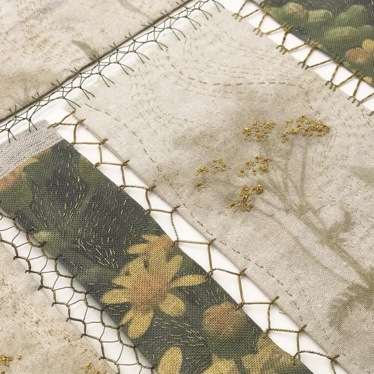 Katherine Diuguid, Joined (detail), 2021. Approximate size 46cm x 38cm (18” x 15”). Hand embroidery, eco-print, digital print. Digitally printed linen, eco-printed silk, cotton, silk and metal embroidery threads.