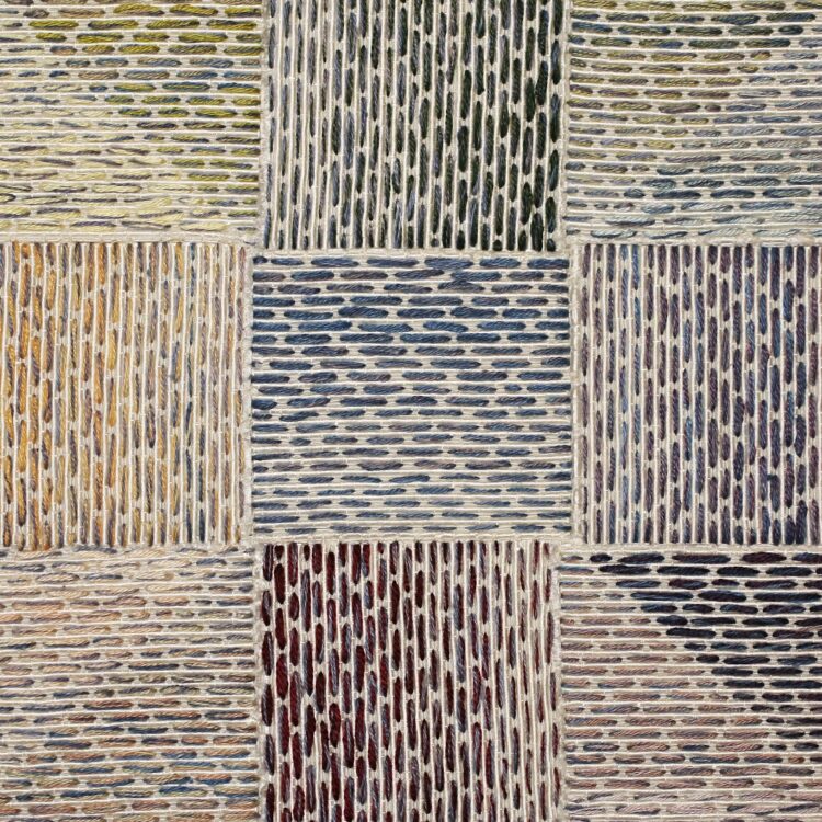 Katherine Diuguid, Penland Color Wheel: Inlay, 2019. Approximate size 15cm x 15cm (6” x 6”). Hand embroidery and inlay appliqué. Cotton embroidery floss on silk ottoman.